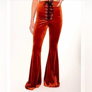 MXCI Rust Lace-Up Velvet Flare Pants